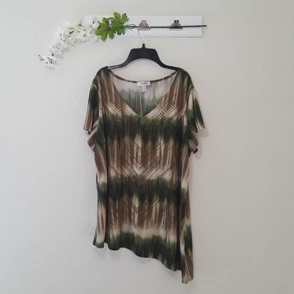 dressbarn Tops - Dressbarn sz:2X Green/Tan Asymmetrical Beaded Top